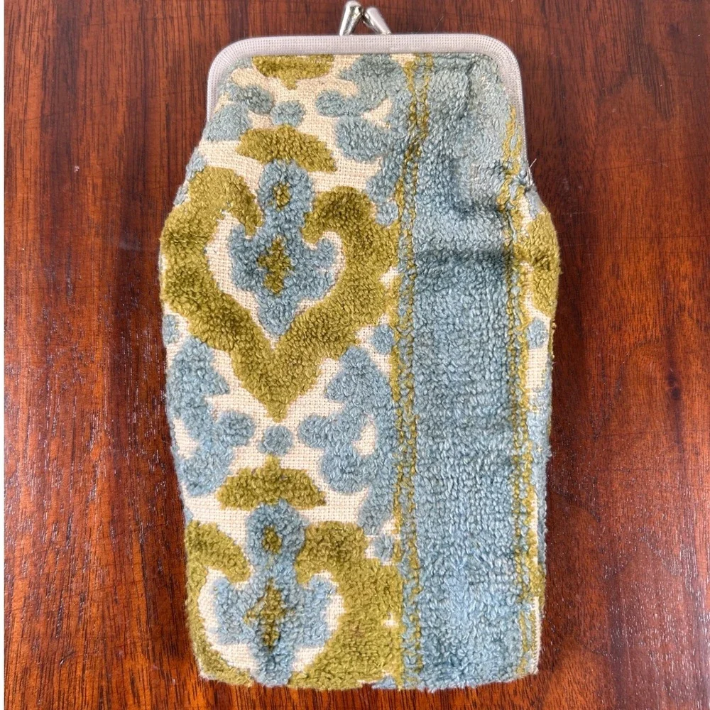 Vintage Kiss Lock Pouch Green Blue Damask Cigs Eyeglass Case Makeup Bag FLAW